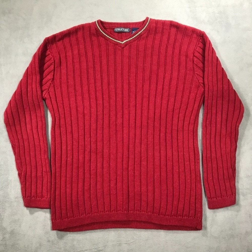 Vintage Structure Sweater Men's Large Red Ramie Blend Ribbed Y2K 90s V Neck